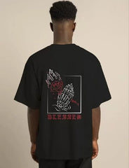 Unisex Bisiklet Yaka Oversize Baskılı T-Shirt - Siyah