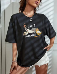 Bisiklet Yaka Baskılı Oversize T-Shirt - Siyah