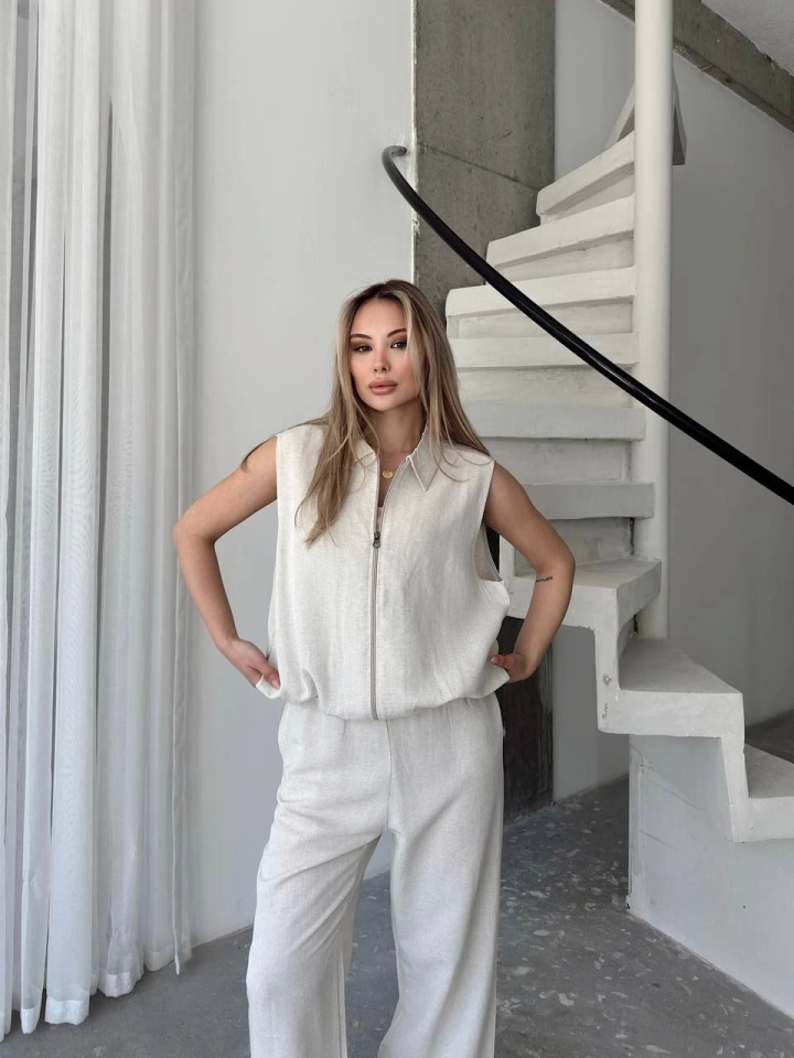 Keten Tam Fermuarlı Kolsuz Ceket Pantolon Ikili Takım- Beyaz