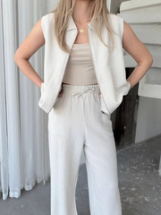 Keten Tam Fermuarlı Kolsuz Ceket Pantolon Ikili Takım- Beyaz