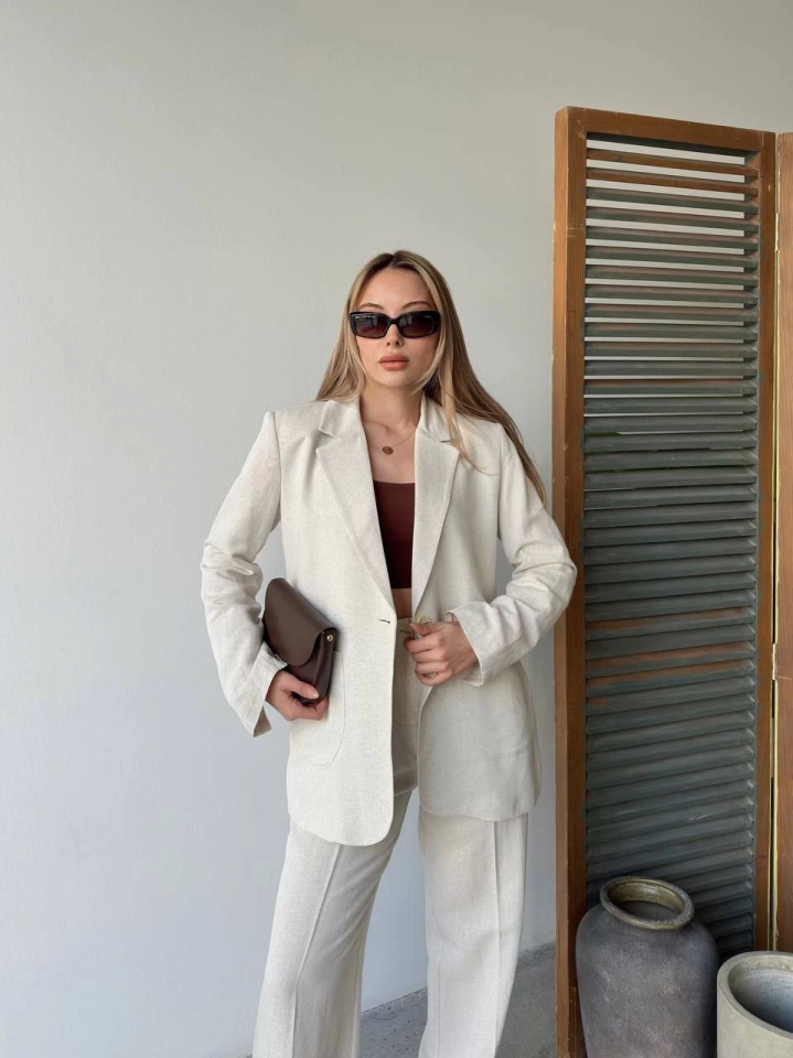 Keten Ceket Pantolon Ikili Takım - Beyaz