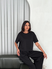 Osy Modal Yumuşak Dokulu Kumaş Bisiklet Yaka T-shirt Bol Paça Pantalon Ikili Takım -Siyah