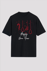 Happy New Year Baskılı T-shirt - Siyah