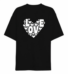 Sevgililer Günü İçin Özel Tasarım Love Kalp Baskılı T-shirt - Siyah