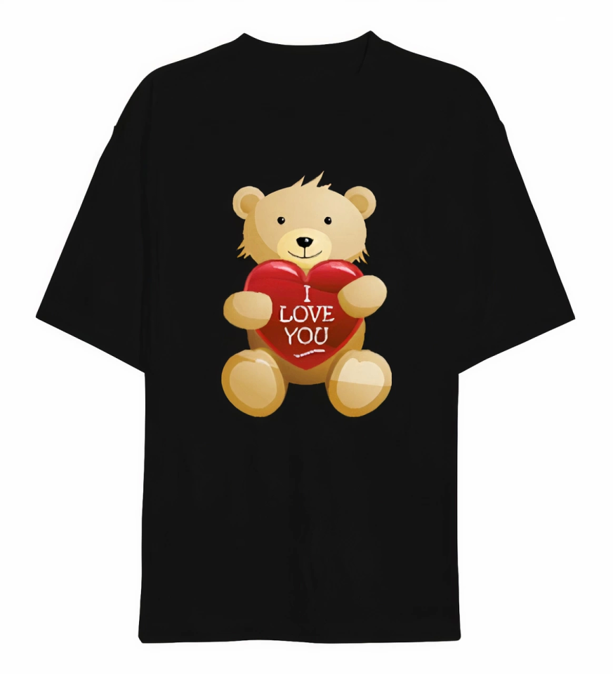 Sevgililer Günü İçin Özel Tasarım I Love You Ayı Baskılı T-shirt - Siyah