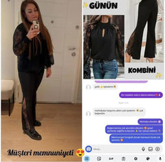 💟 YENİ SEZON HARİKA KOMBİNİMİZ STOKTA 💟 Kadın uzun kollu göğüs pencere detay yaka boğazlı kolları tüllü sandy bluz  💟Kadın dantel eklemeli ispanyol paça scuba tayt pantalon