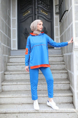 Kadın Indigo Kapşonlu Etek Ucu Detay Arma Ters Dikiş Gorunumlu Ikili Takım