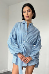 Mavi Çizgili Poplin Kuşaklı Gömlek