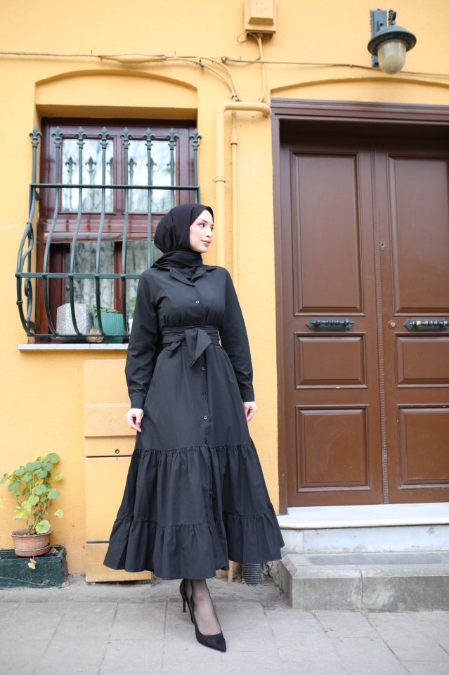 Kadın Uzun Kollu Eteği Fırfırlı Beli Kuşaklı Trikoton Tam Boy Gömlek Elbise