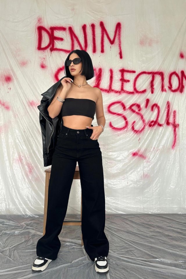 Mavi Yüksek Bel Ve Geniş Paça Jeans Pantolon