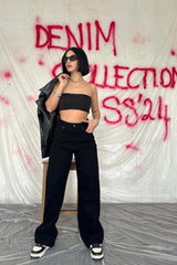 Mavi Yüksek Bel Ve Geniş Paça Jeans Pantolon