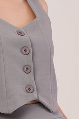 Kalın Askılı Düğmeli Yelek Ve Pantolon Siyah Takım