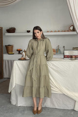 Çağla Çizgi Desenli Uzun Elbise