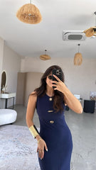 Kadın Bisiklet Yaka Broş Detay Yırtmaçlı Maxi Boy Ottoman Elbise