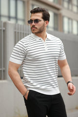 Erkek Fermuar Yakalı çizgili Kısa Kollu T-shirt