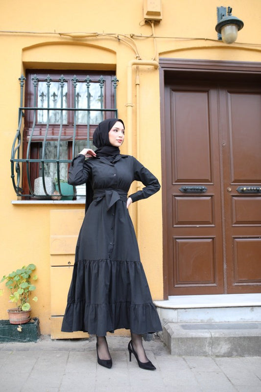 Kadın Uzun Kollu Eteği Fırfırlı Beli Kuşaklı Trikoton Tam Boy Gömlek Elbise