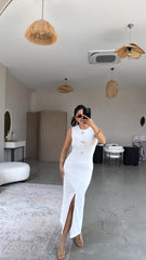 Kadın Bisiklet Yaka Broş Detay Yırtmaçlı Maxi Boy Ottoman Elbise