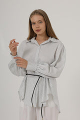 Simli Çizgili Kemerli Gömlek - Siyah