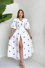 Kahverengi Yakası Çiçek Motifli Kemerli Elbise