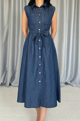 Mavi Tencel Çıtçıtlı Elbise