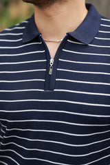 Erkek Fermuar Yakalı çizgili Kısa Kollu T-shirt