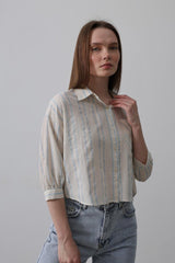 Çizgili Kısa Gömlek - Bej Mavi