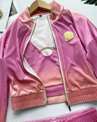 Kadın Uzun Kollu Askılı Yuvarlak Yakalı Krop Bluz, Uzun Kollu önden Fermuarlı Ceket Ve Pantolon Dalgıç üçlü Takım