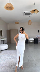 Kadın Bisiklet Yaka Broş Detay Yırtmaçlı Maxi Boy Ottoman Elbise