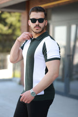 Erkek Kısa Kollu Polo Yakalı Blok Desenli Triko Bluz