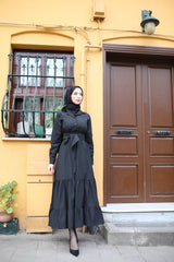 Kadın Uzun Kollu Eteği Fırfırlı Beli Kuşaklı Trikoton Tam Boy Gömlek Elbise