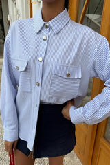Çizgili Gofre Kumaş Metal Düğmeli Gömlek 3460