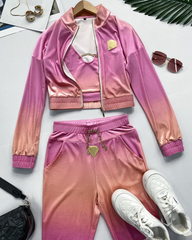 Kadın Uzun Kollu Askılı Yuvarlak Yakalı Krop Bluz, Uzun Kollu önden Fermuarlı Ceket Ve Pantolon Dalgıç üçlü Takım