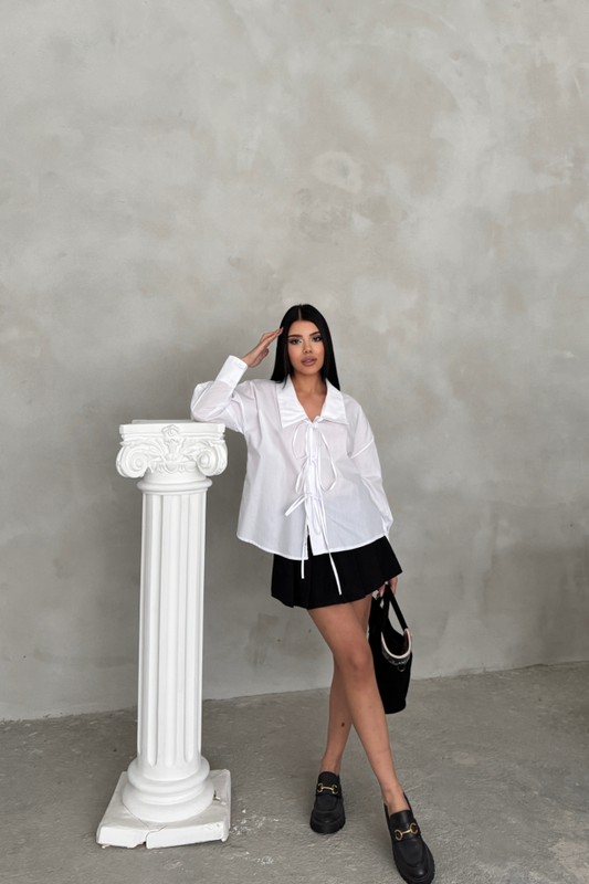 OKUL YAKA POPLİN GÖMLEK İP BAĞLAMA DETAYLI - Beyaz