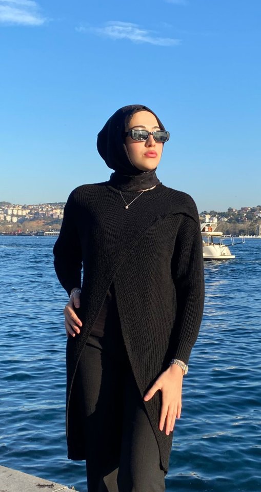 Kadın Uzun Kollu Bisiklet Yakalı önden çapraz Kesim Detaylı Midi Triko Elbise