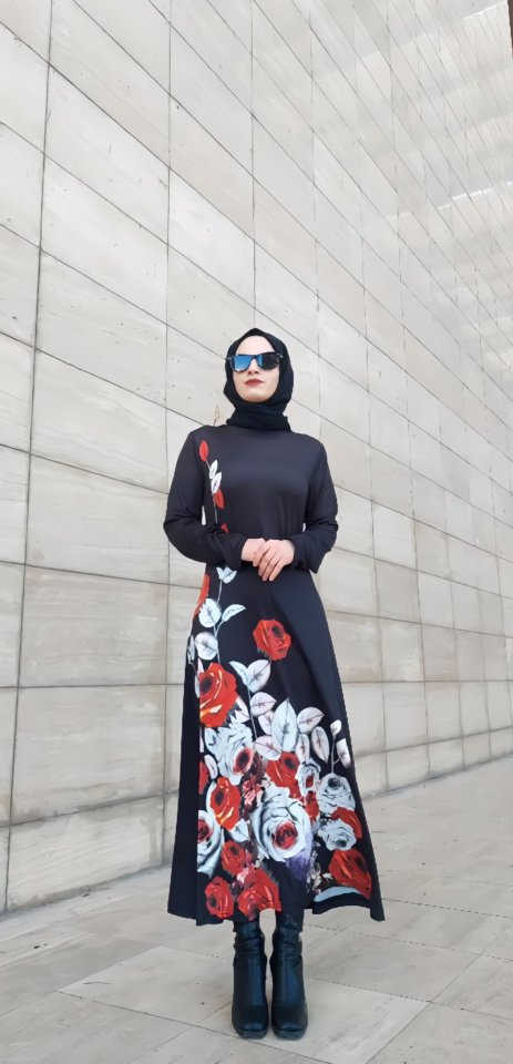 Kadın Uzun Kollu çiçek Baskılı Midi Mikro Elbise