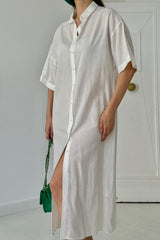 Siyah Keten Kısa Kollu Elbise