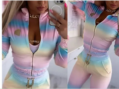 Kadın Uzun Kollu Askılı Yuvarlak Yakalı Krop Bluz, Uzun Kollu önden Fermuarlı Ceket Ve Pantolon Dalgıç üçlü Takım