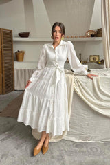 Çağla Çizgi Desenli Uzun Elbise