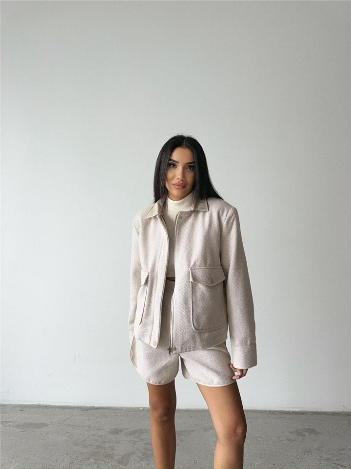 BALIKSIRTI KAŞE FERMUARLI CEKET KISA - Siyah