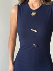 Kadın Bisiklet Yaka Broş Detay Yırtmaçlı Maxi Boy Ottoman Elbise