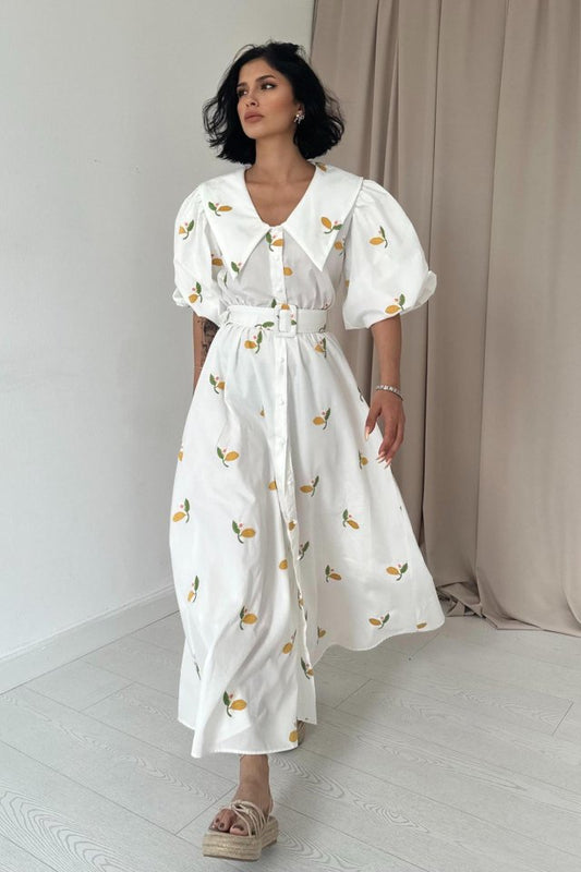 Pembe Yakası Çiçek Motifli Kemerli Elbise