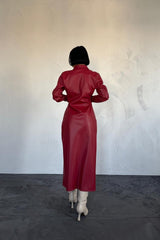 Fuşya Boydan Düğmeli Deri Elbise