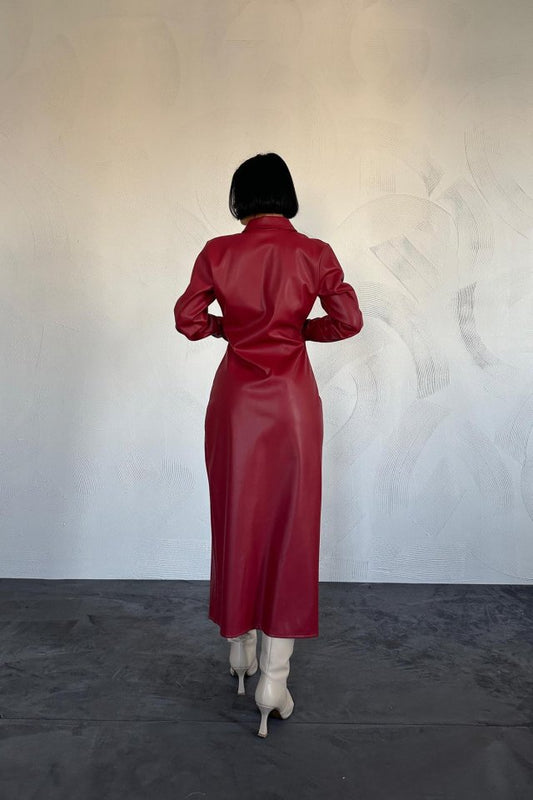 Fuşya Boydan Düğmeli Deri Elbise