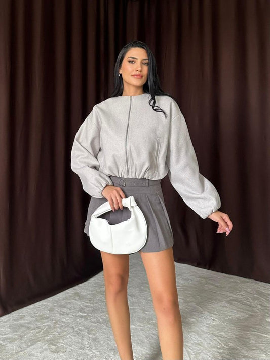 Gri Kısa Önü Fermuarlı Bomber Ceket
