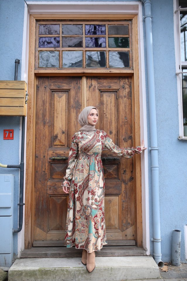 Kadın Uzun Kollu V Yakalı Belden Lastikli Desenli Uzun Süprem Elbise