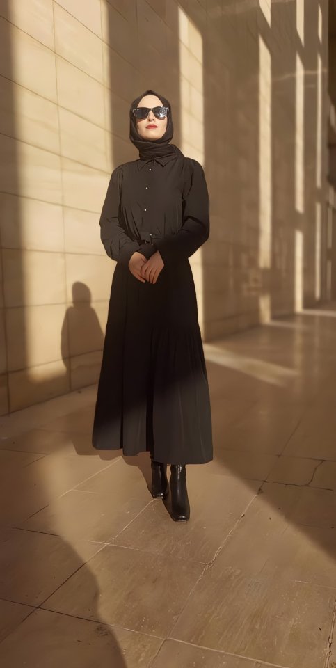 Kadın Uzun Kollu Yakalı önden Düğmeli Beli Metal Kemerli Dokuma Maksi Elbise