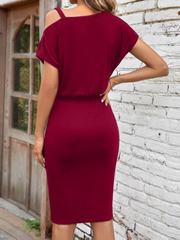 Kadın Kısa Kollu Tek Omuz Askı Ve Aksesuar Detay Beli Lastikli Krep Elbise