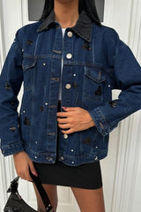 Yaka Siyah Garni Pul Payet Taşlı Oversize Denim Ceket 6125