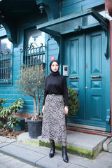 Kadın Yüksek Bel Leopar Desenli Midi Krep Etek