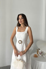 Ekru Kuplu Uzun Elbise